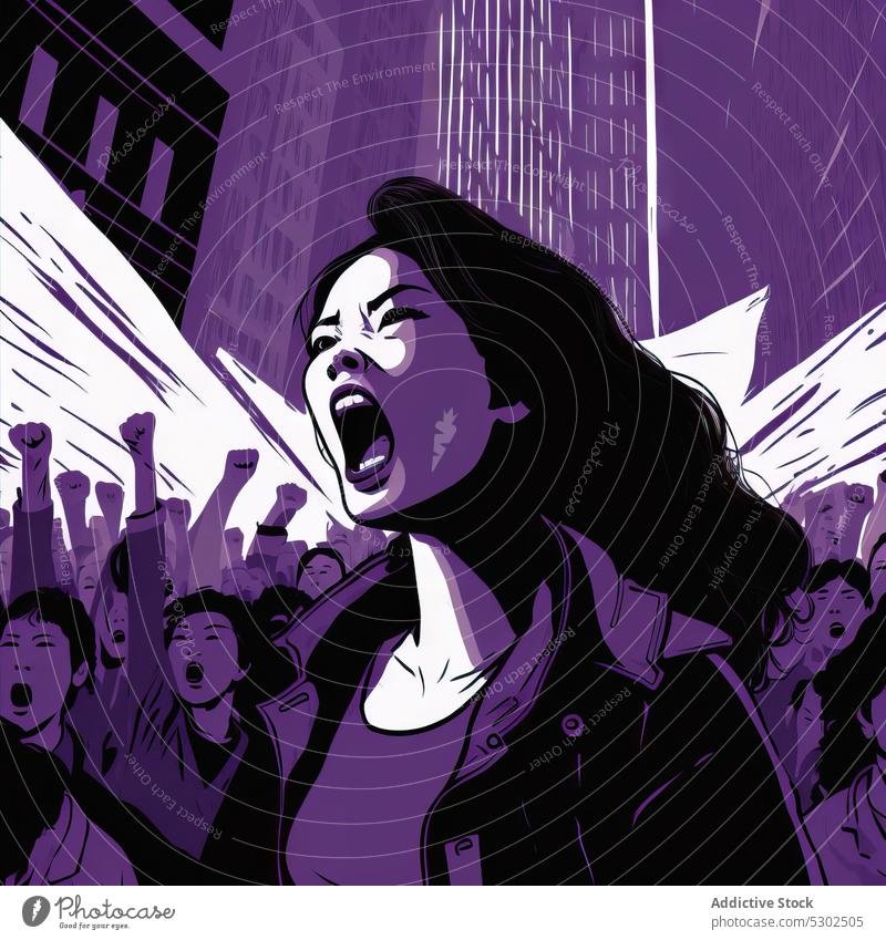 Ethnic woman shouting during demonstration scream protest rally politic conflict human rights crowd flag women silhouette campaign asian people activist ethnic