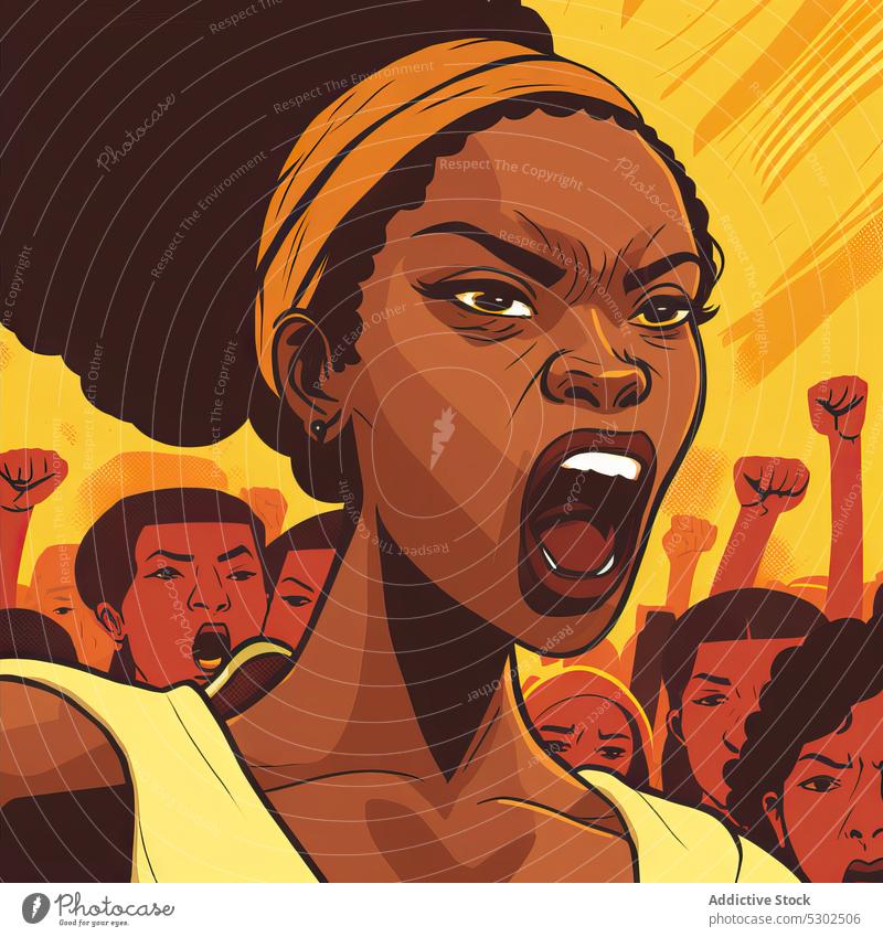 Black women on strike with placard woman activist feminism aggressive protest arms raised feminist shout clench fist scream human rights colorful female