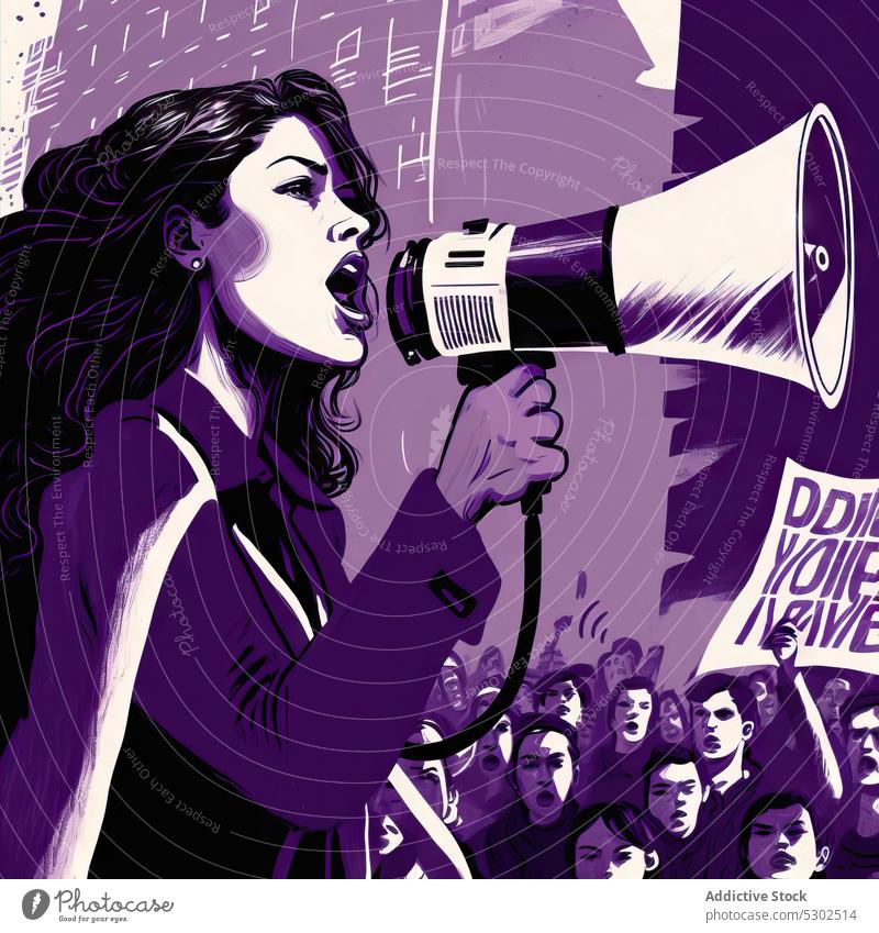 Woman with loudspeaker near crowd of protesters woman furious determine shout scream megaphone strike aggressive angry announce activist human rights disagree