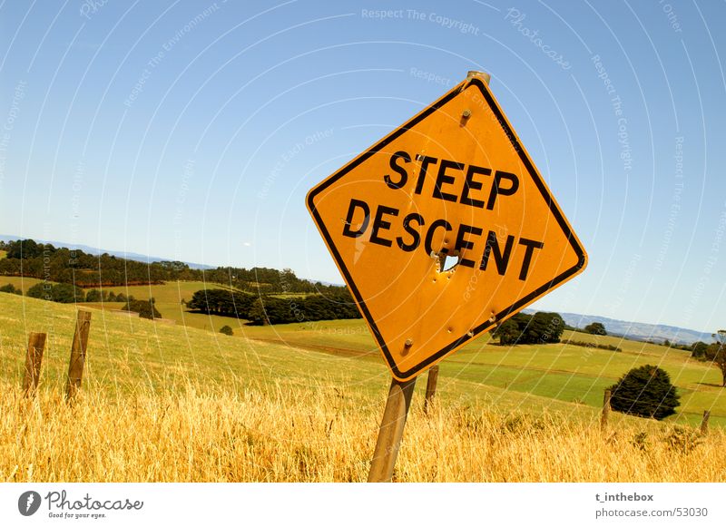 Steep Descent Australia Normal sign gipssland rural Farm landscape nice weather trees field grass Orange blue gree contrast Wide angle