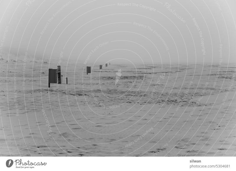 Wadden Sea Beach - follow the trash cans Wading Sea Sandy beach Fog Wind Cold Wet somber Damp Waves Foam Gray White foggy Salty moody harsh chill Ameland wade