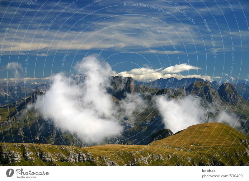 Behind the clouds Nature Landscape Sky Clouds Rock Alps Mountain Peak Switzerland Gigantic Blue Gray Green Colour photo Exterior shot Copy Space top Day