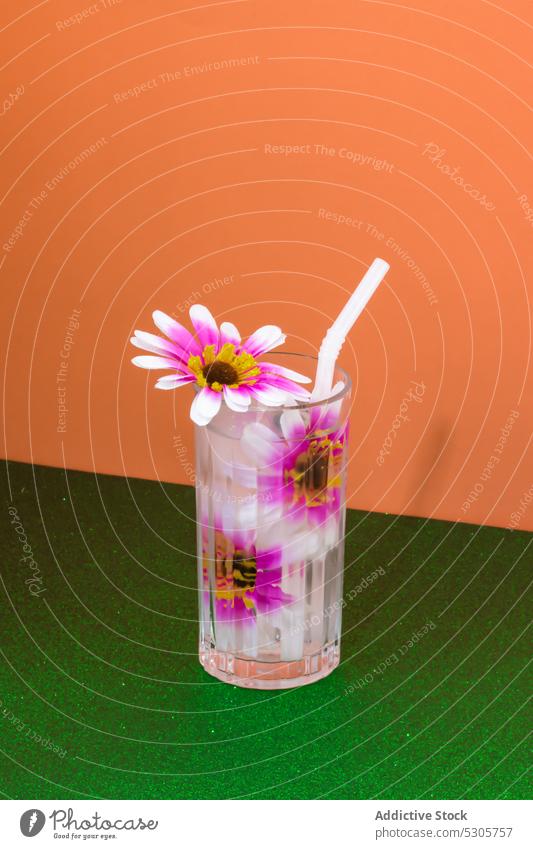 Glass of fresh cocktail with flowers and straw beverage drink refreshment glass cold alcohol bloom delicious colorful plant bright pink transparent tasty