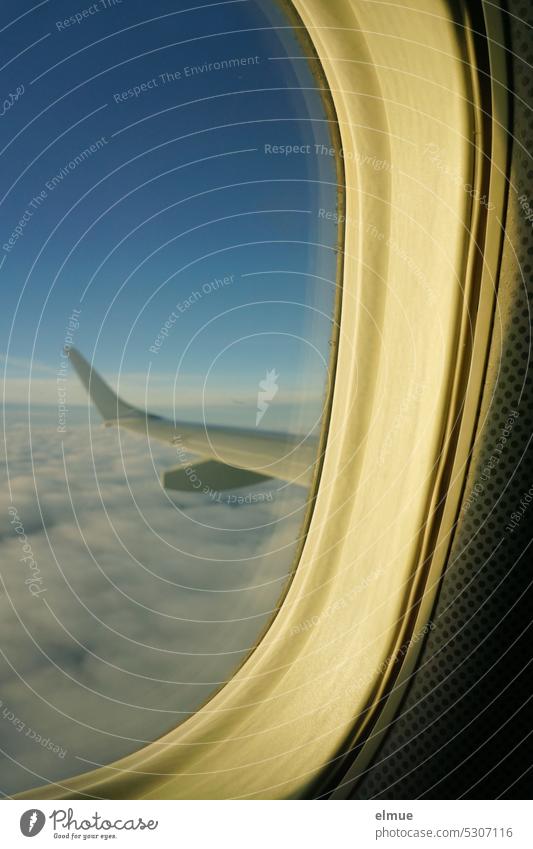 View from an airplane window of the left wing and cloud cover Airplane window aerofoil Wing Cloud cover Flying Blog Above the clouds Plexiglas Aviation vacation