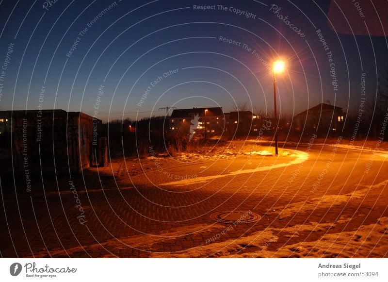 winter evening Winter Night Lantern Night shot Cold Dark Residential area Light Wildau Traffic infrastructure Colour Evening Street Curve Snow Ice Sky Orange