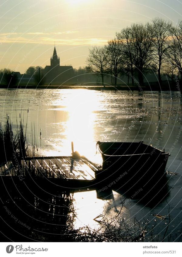 Iced Amstel near Nes, Holland Winter Watercraft River Evening Sun