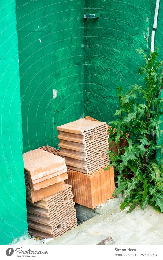 Still life from stones, plant and green wall Building blocks Wall (barrier) raw materials Plans Still Life Structures and shapes Materials Construction site