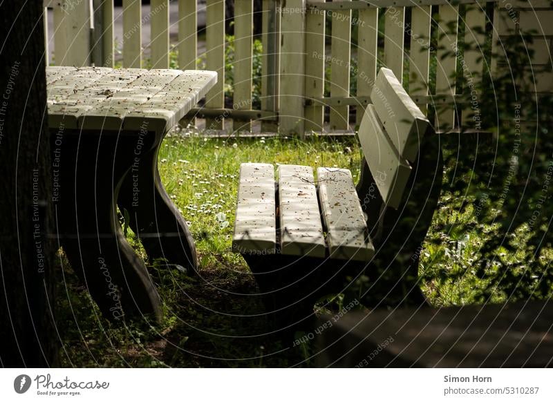 Seating with natural patina rest Break Lunch hour Park bench close to nature Sit Relaxation local recreation area unused dusty Loneliness Shadow Calm