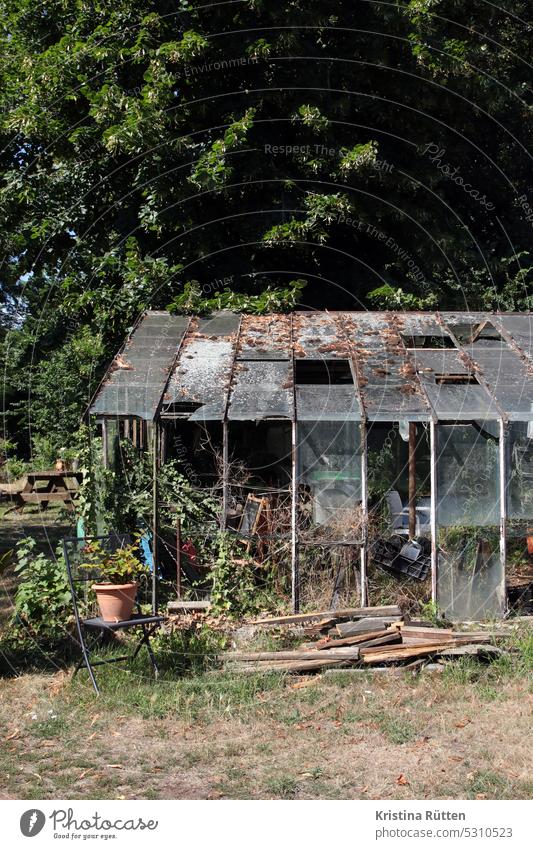 dilapidated greenhouse in the garden Greenhouse glass house Garden Garden chair Flowerpot Old Broken Derelict Window Glass panes plants trees Wood Nature sunny