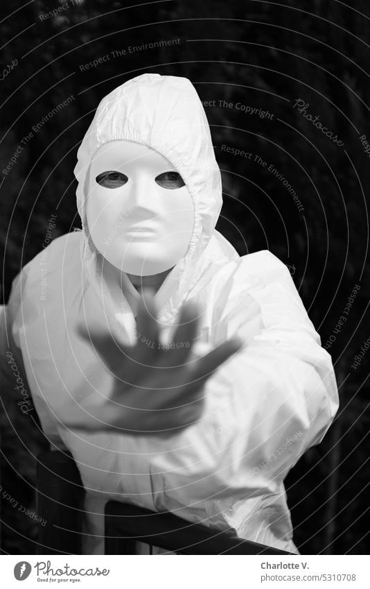 Mainfux | Stop! Do not come closer! person Human being white mask Protective clothing white protective suit dismissive gesture Defense gesture disease control