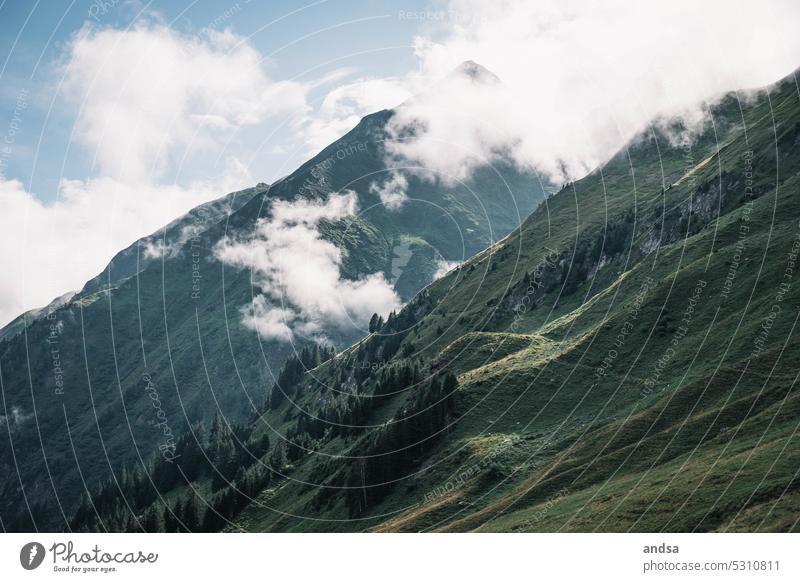 Mountain range in Switzerland summit chain Fog Clouds High fog Summer Hiking Green Landscape Nature Alps Freedom Deserted Peak Panorama (View) Far-off places