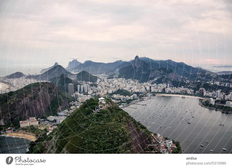 Rio de Janeiro bay Town statue of Jesus Ocean Brazil Beach Island Horizon Landscape High-rise South America Bay Vacation & Travel Skyline Tourism Mountain