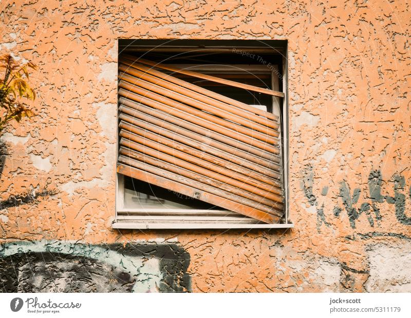 Comparison | oblique and straight of window with roller shutter Roller shutter Window Broken obliquely Wall (building) Old Graffiti Street art Unhooked Closed