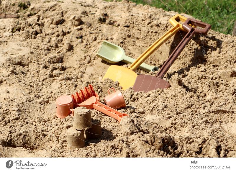 Sand playground Playground Toys Shovel Rake shovel Infancy Summer Playing Sandpit Joy Leisure and hobbies Exterior shot Children's game Deserted Colour photo