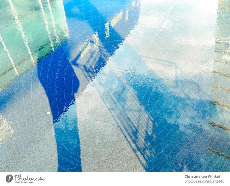 After rain comes sunshine and with it shadow and reflection on rain wet asphalt Shadow Sunlight Human being Shopping Trolley Reflection and mirroring Asphalt