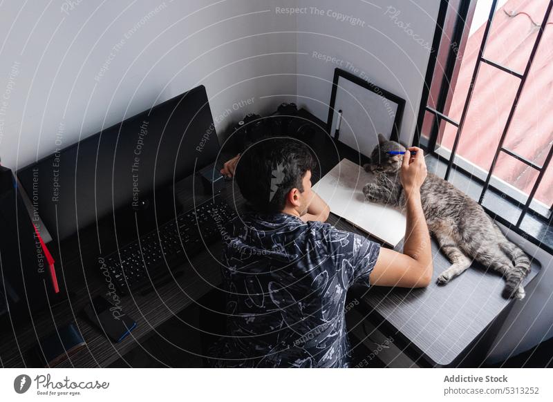 Man stroking cat near computer man photographer freelance photo camera caress home workplace break desk male gadget device job using animal owner pet mammal