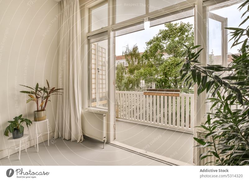 Interior of modern room with potted plants apartment interior balcony window spacious light home design residential dwell decor property style flat flora