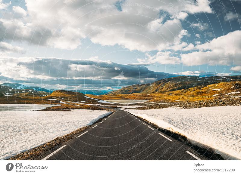 Aurlandsfjellet, Norway. Open Road Aurlandsfjellet. Scenic Route Road In Summer Norwegian Landscape. Natural Norwegian Landmark And Popular Destination park