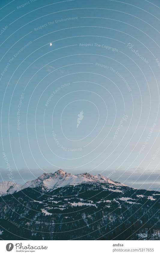 Snow covered peak in moonlight Peak Moon Night Mountain Winter Snowcapped peak Landscape Alps Exterior shot Nature Deserted Light blue hour Twilight Sky