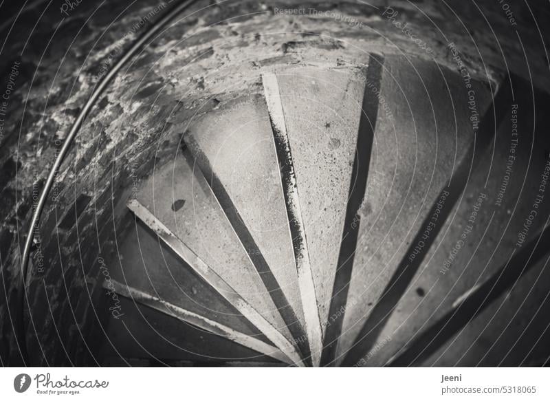 gray in gray | spiral staircase Winding staircase Spiral Tower Perspective stair treads Structures and shapes Contrast Downward Stairs Pattern Vertigo