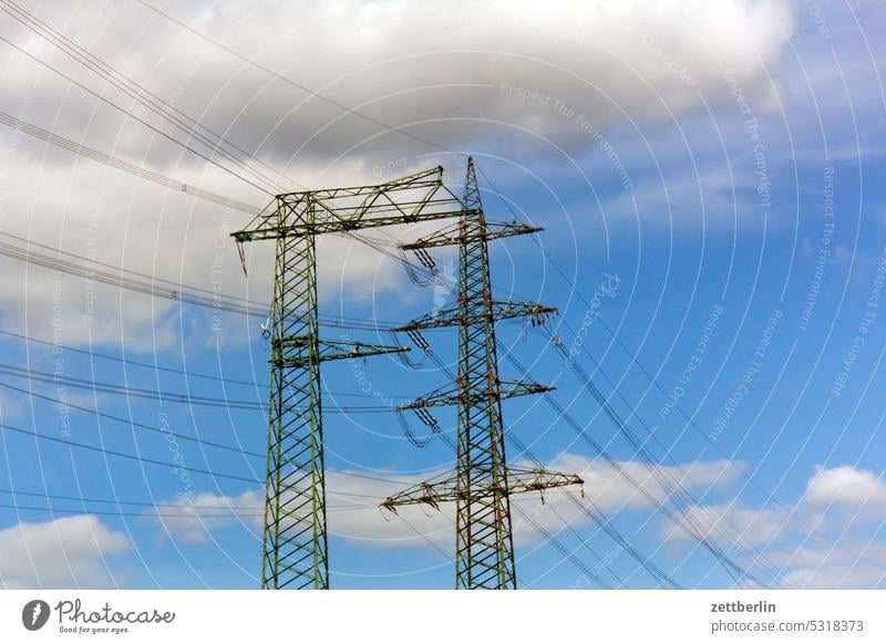 Power lines Sky high voltage High voltage power line Light left Pole Shadow Summer stream Electricity pylon Connection cloud Transmission lines Train path