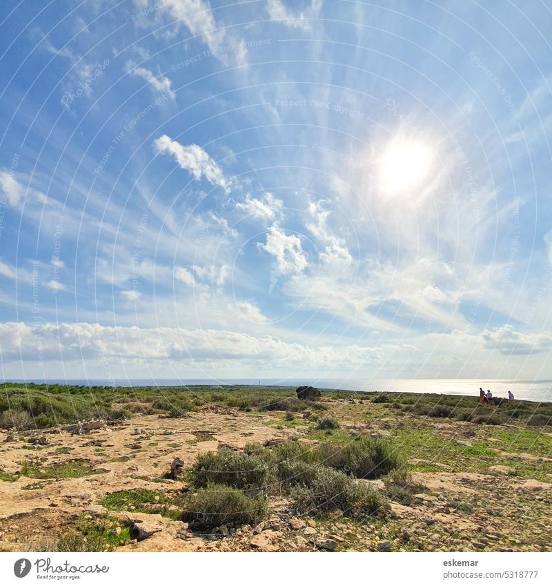 Balearic Islands Formentera Cap de Barberia and Mediterranean Sea with small people Calm tranquillity Copy Space nobody Summery Outdoors Horizon travel Steppe