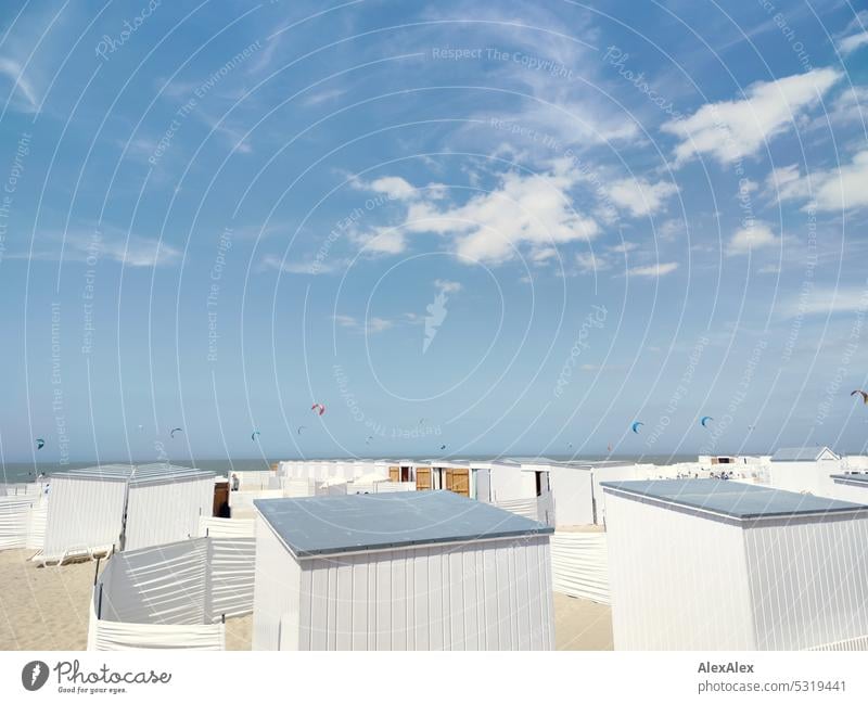 White beach cottages on the beach of the North Sea with kites in the background in the sky Beach Ocean coast Blue sky Surfing Sky Sand Nature Landscape