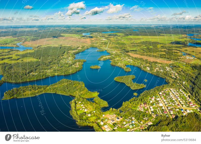 Lyepyel District, Vitebsk Region, Belarus. Aerial View Of Lepel Lake With Natural Small Islands Beloozerny District aerial aerial view attitude autumn beautiful