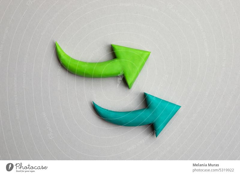 2 green arrows pointing up. 3D mockup, arrow sign pointing increasing direction on grey background. Development concept, business success, prosperity and growth.