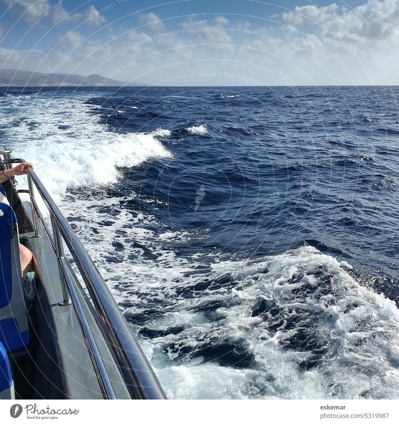 View of the Atlantic Ocean and the coast of Fuerteventura from a motorboat ship Motorboat atlantic ocean Waves Sea State Canaries Canary Islands Spain Trip