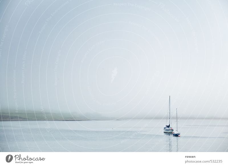 Still Fog Ocean Lake Navigation Boating trip Yacht Sailing ship Calm Drop anchor Anchor Anchoring ground Coast Colour photo Subdued colour Exterior shot