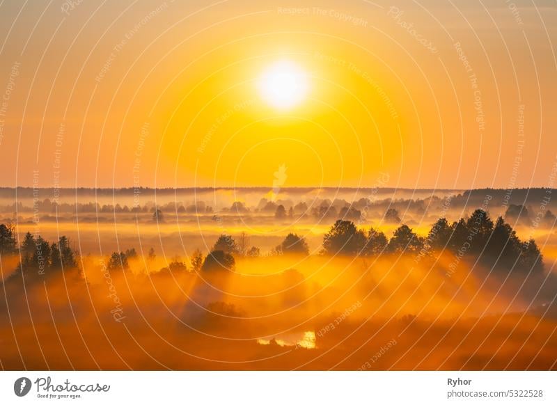 Enchanted Morning Sun Shines On Plain. Sunrise Natural Background. Aerial View Amazing Misty Plain Landscape. Morning Fog Illuminated By Sun Covers Plain Landscape. Mysterious Morning Time