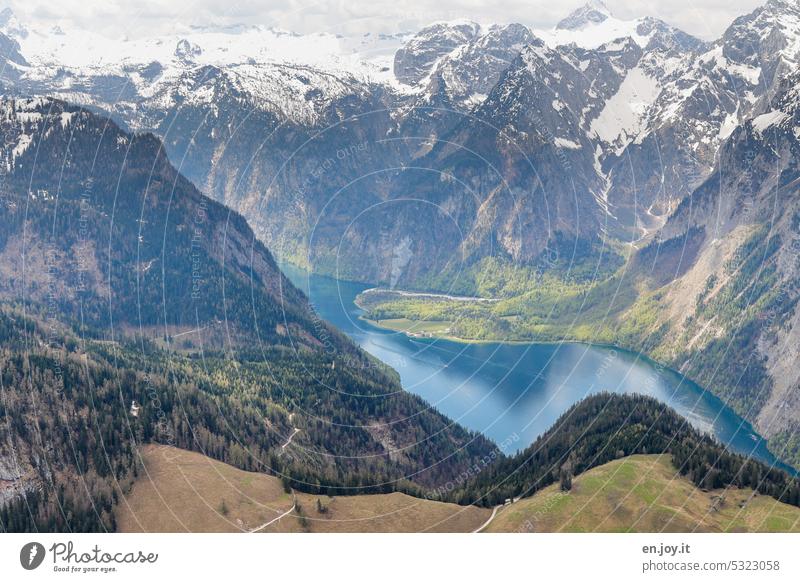 Mountain lake from bird's eye view Lake Königssee mountain lake mountains Jenner Deep depth Tall height St. Bartholomä Turquoise Snowcapped peak Spring