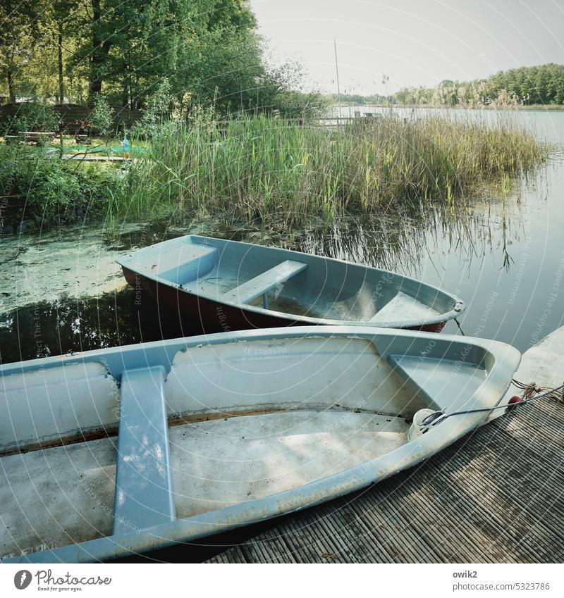 Quiescent traffic Rowboats two Lake jetty Exterior shot Deserted Water Nature Idyll Colour photo Calm Lakeside Sky Relaxation Beautiful weather Footbridge