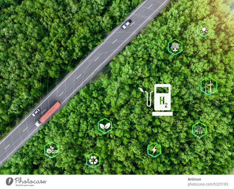 Green hydrogen. Sustainable renewable energy. Hydrogen Fuel cell vehicle. Zero emission car. Future energy. Green technology. Sun and wind energy for green hydrogen power generation. Hydrogen economy.