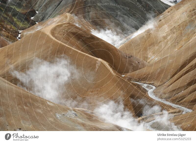 Iceland |solitary hiker |trails and stairs| active geothermal area Kerlingarfjöll termal off Tracks Loneliness Landscape Upward trace path Hiking Lanes & trails