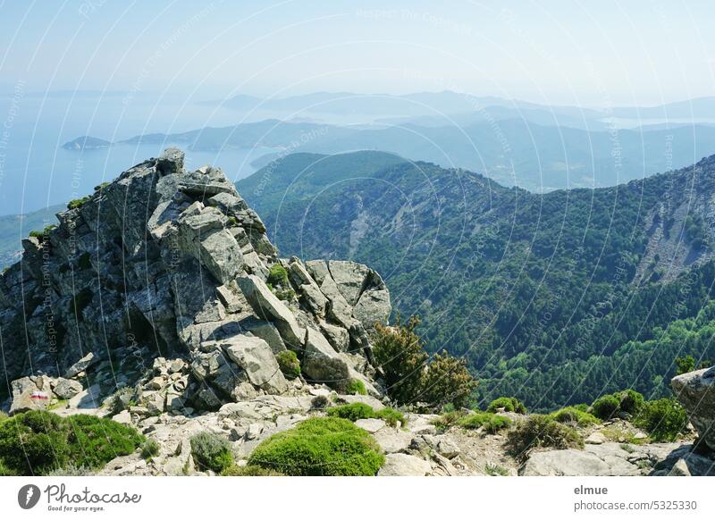 View of Elba and the Mediterranean Sea from Monte Capanne mountain mountain massif outlook Granodiorite stone mountain hiking Fear of heights Blog