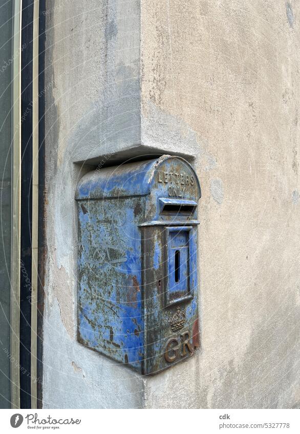 Letters | blue rusty mailbox on a store | antique beauty. Mailbox Mailbox slot Communicate Deserted Letter (Mail) Wall (building) Card Day Living or residing