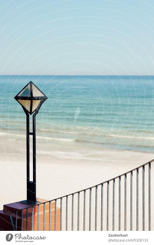 View of sea and beach of the Baltic Sea, in the foreground lantern Ocean Beach Lantern minimal Minimalistic Sky Water Blue Empty coast vacation Weekend