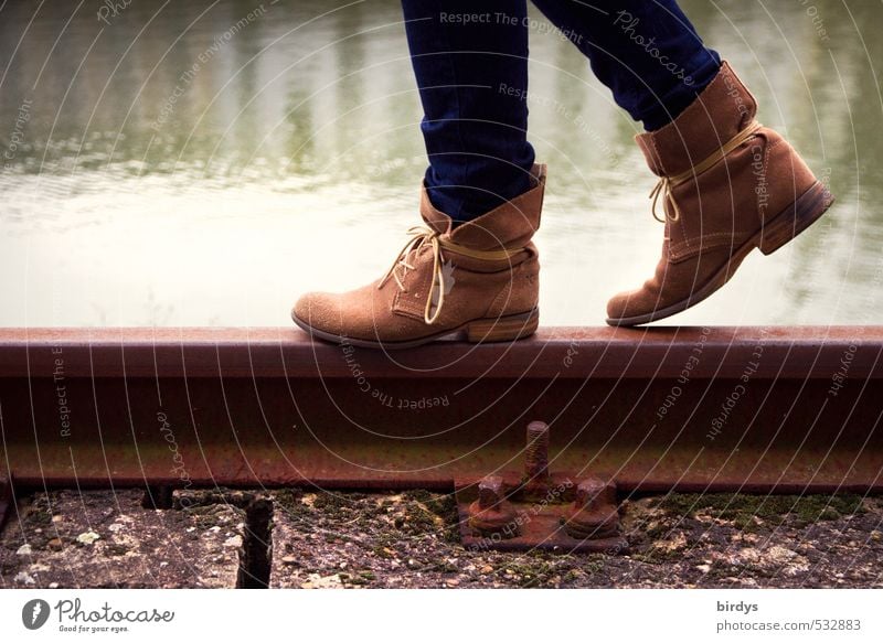 Young woman with fashionable leather shoes balancing on a railroad track Lifestyle Style Youth (Young adults) Hip & trendy Legs Feet 1 Human being 18 - 30 years