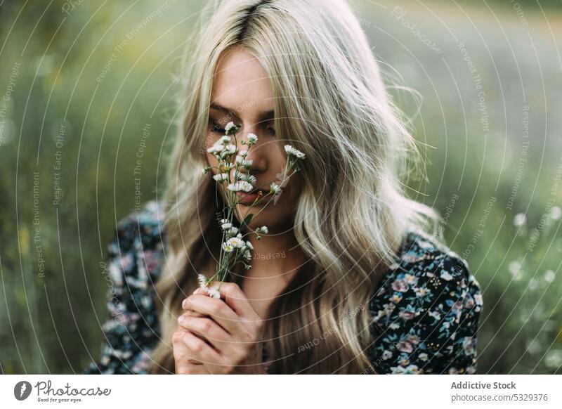 Woman smelling flower in nature woman enjoy aroma flora blossom bloom field fragrant meadow fresh female summer countryside young casual grass harmony plant