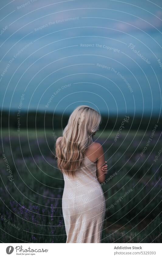 Unrecognizable woman standing in field meadow nature grass evening blond sundown feminine female summer dress relax young peaceful rest redhead harmony serene