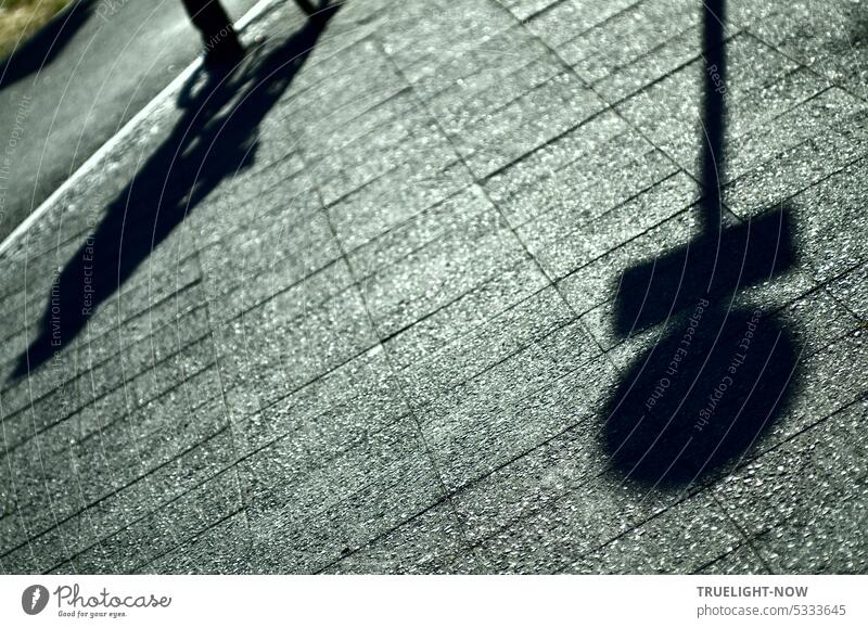 Sunlight with shadow of traffic sign and passerby on flagstone path - all oblique with lots of free space without text! Street Scene street photography