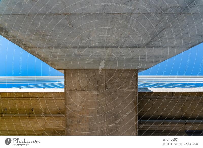 Frog perspective | Pylon topic day Worm's-eye view Deserted Exterior shot Colour photo Pylon bridge Bridge building Component towering component