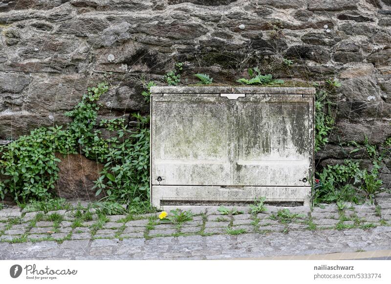 power box France Architecture Remainder Gray Town Colour photo Facade Exterior shot Detail Wall (barrier) Wall (building) Subdued colour Box Old Electricity