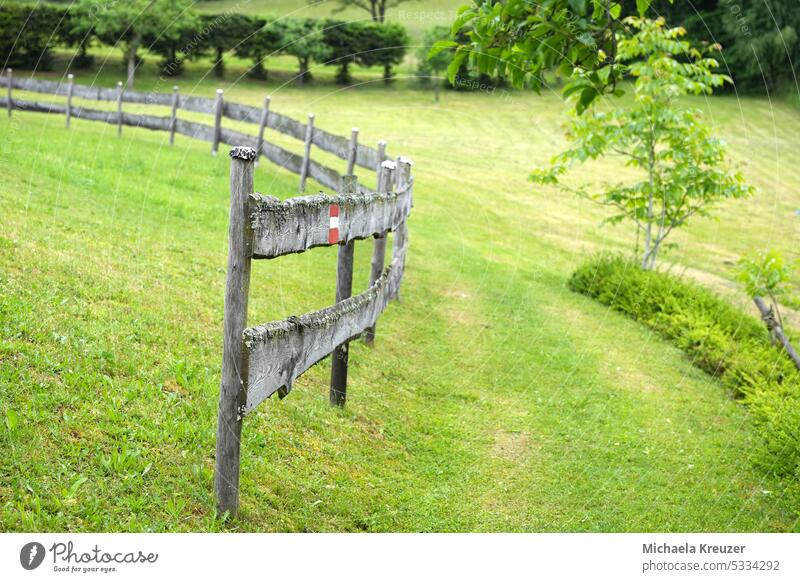 hiking trail , Graz- st radegund, meadow path along a simple wooden fence, red marking, weathered wood Nature Deserted idyllic rest relax make a pilgrimage