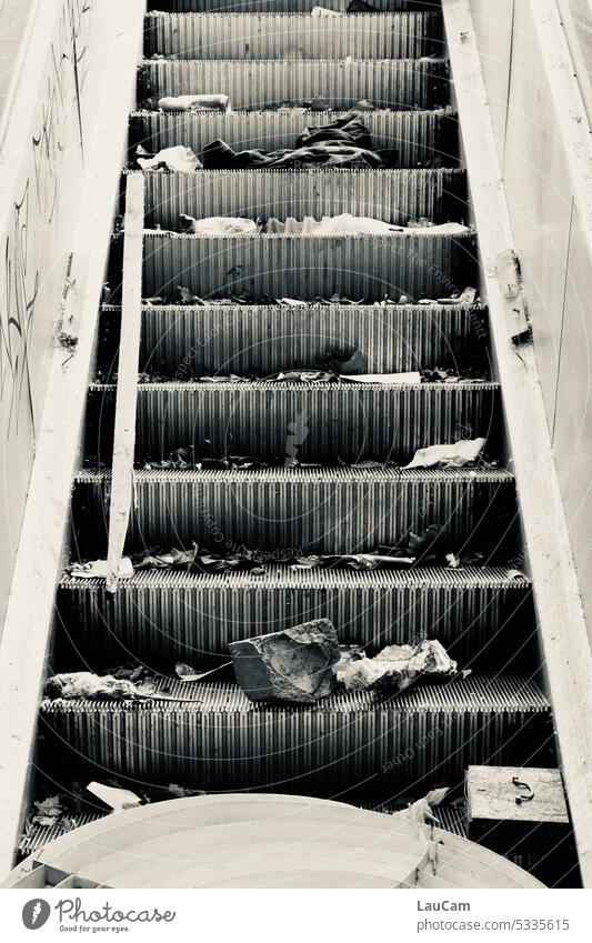 Waste separation stages - escalator out of service Escalator Trash Out of service stagger Stairs Dirty filth Broken Derelict Change Destruction Decline