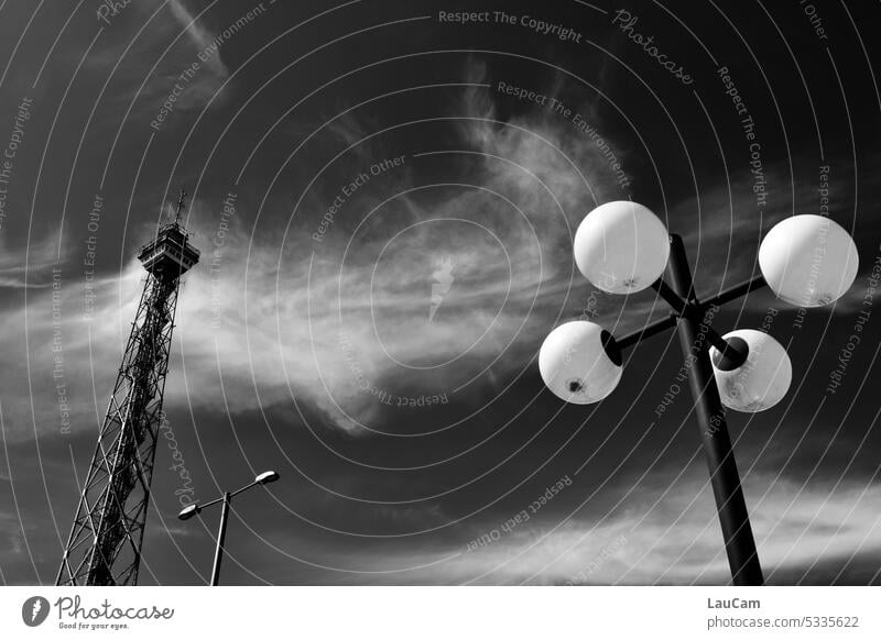 Sky with radio tower and two lanterns Transmitting station Clouds Clouds in the sky Worm's-eye view Berlin Exhibition Centre Architecture Landmark