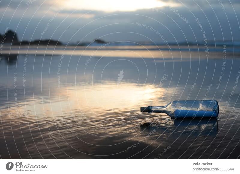 #A0# Message in a bottle Letter (Mail) communication Neck of a bottle Bottle lid genie in the bottle Colour photo Deserted Glass Close-up Island coast