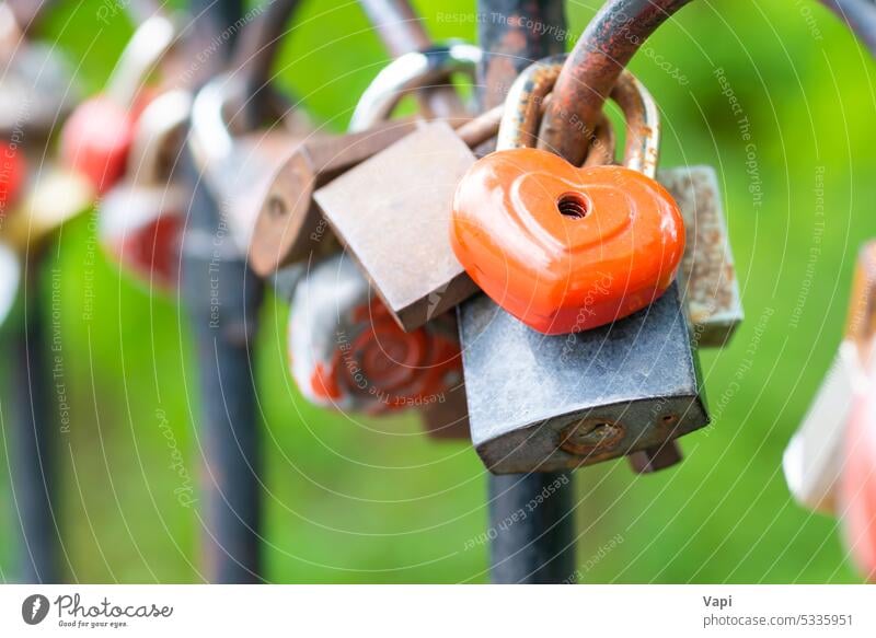 Red lock padlocks love heart red romance fence bridge many green chrome keyhole safeguard access amorous security rusty valentine wedding romantic symbol